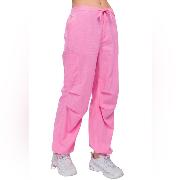 Love Tree Pink Linen blend Cargo Tie front Pants - Picture 1 of 10